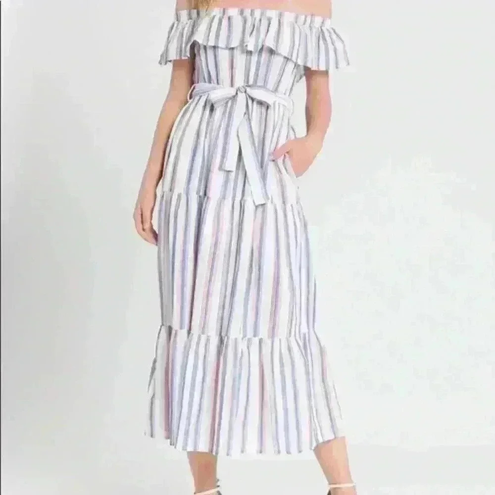 English Factory Off Shoulder Color Striped Tiered Ruffle Midi Dress Size Medium
